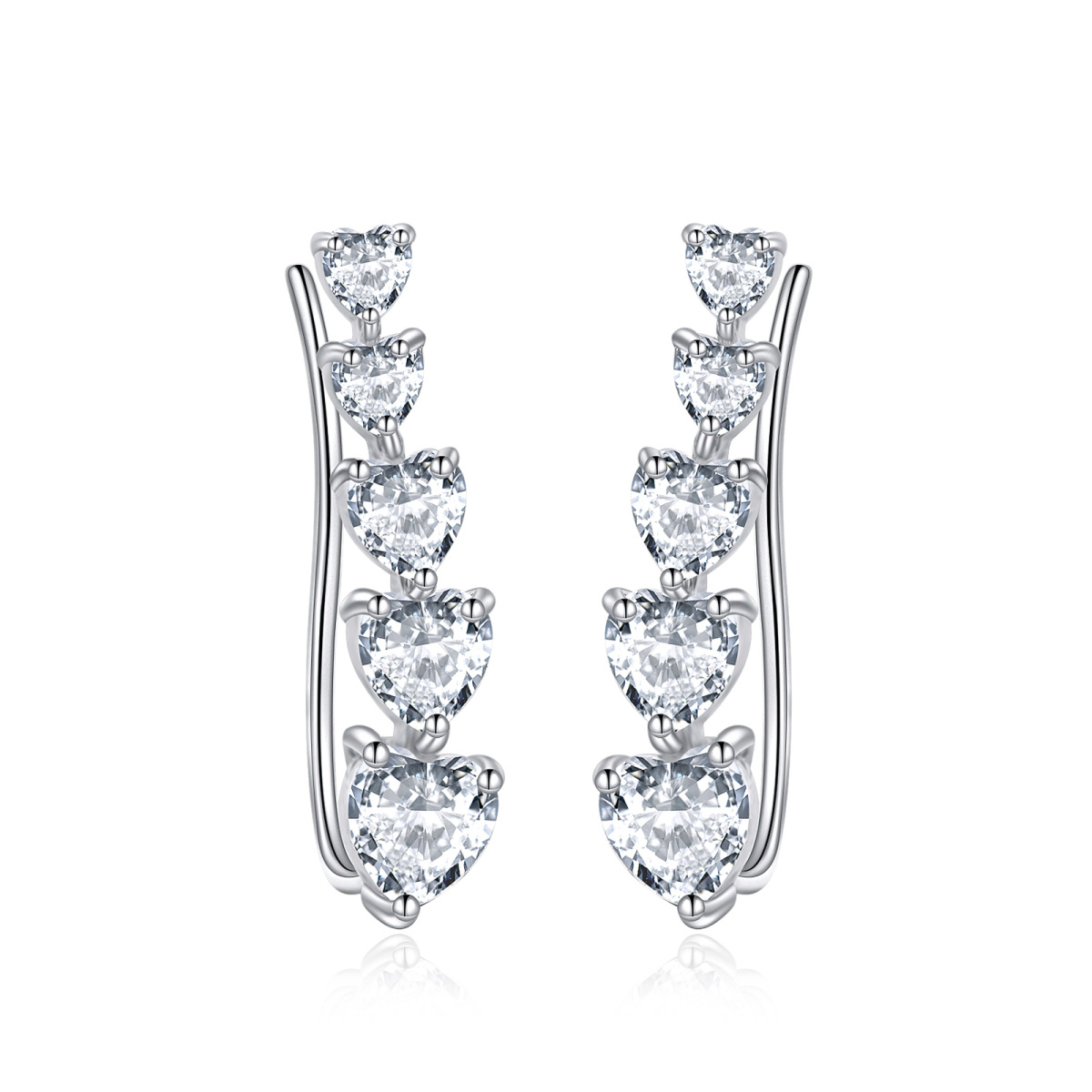 Sterling Silver Heart Cubic Zirconia Heart Climber Earrings-1