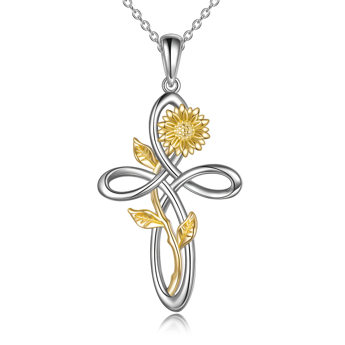 Sterling Silver Two-tone Heart Moissanite Sunflower & Celtic Knot Pendant Necklace-1
