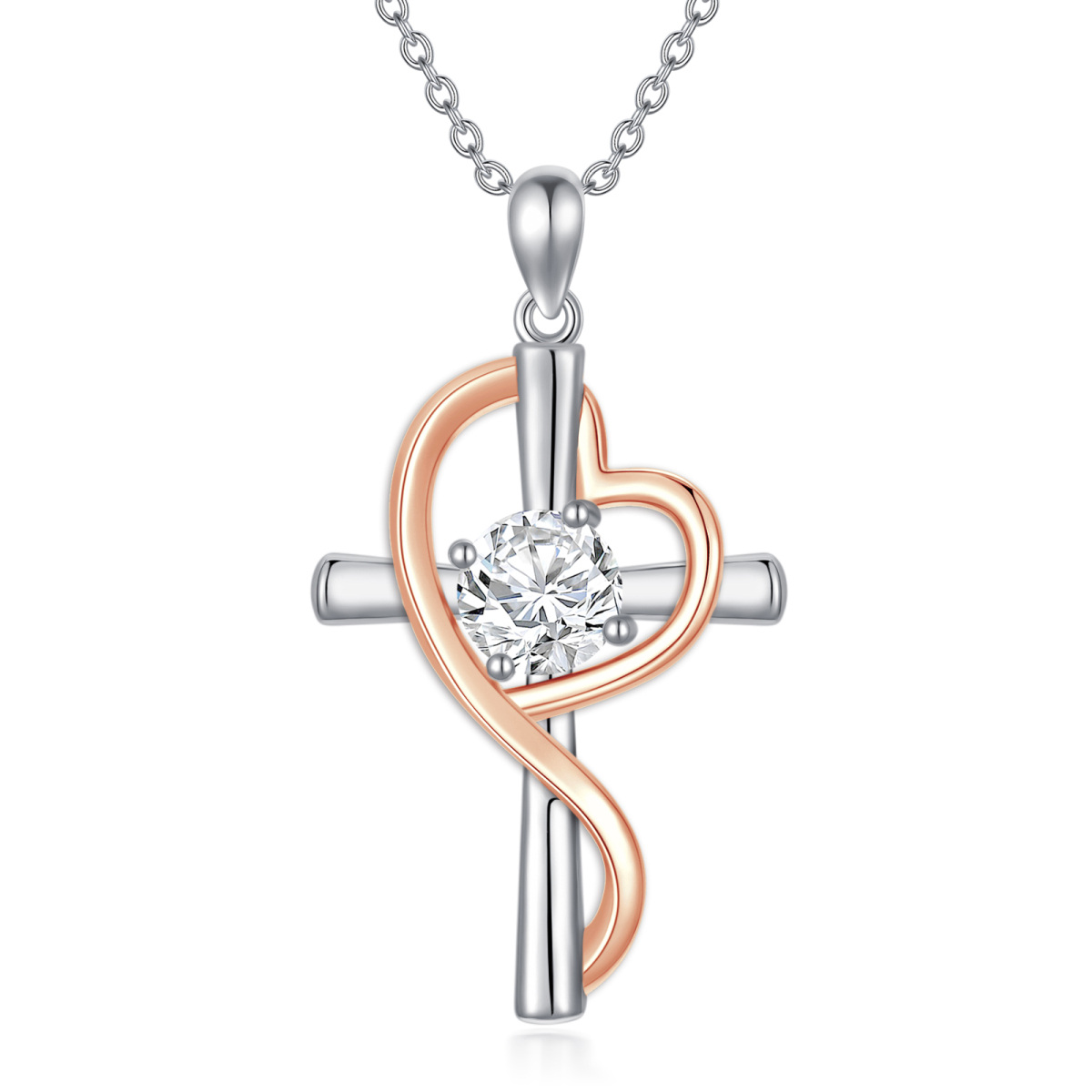 Sterling Silver Two-tone Round Moissanite Cross & Heart Pendant Necklace-1