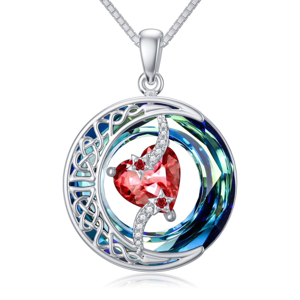 Sterling Silber kreisförmige keltische Knoten Herz Mond Stern Kristall Anhänger Halskette-1