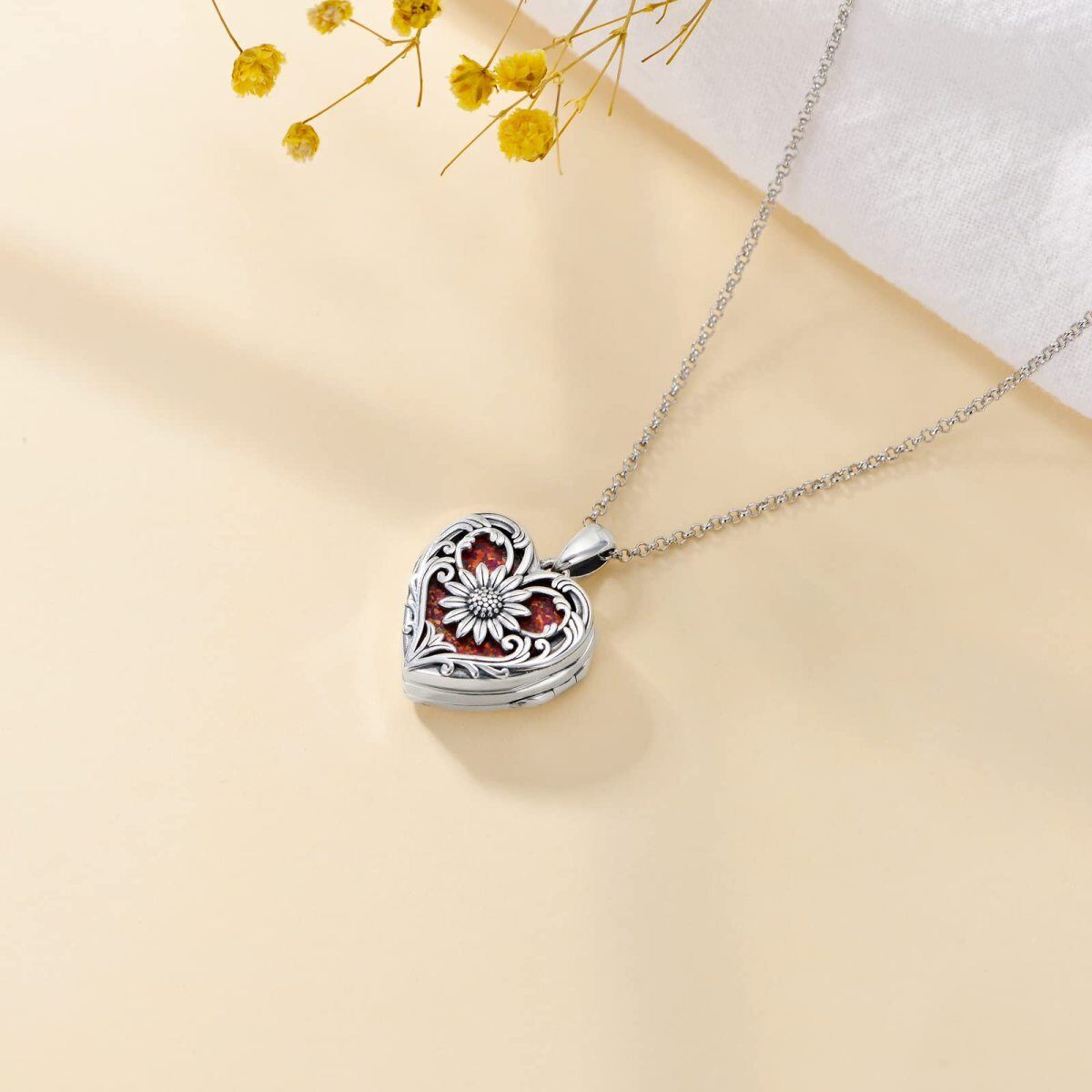 Sterling Silver Heart Shaped Opal & Personalized Engraving Sunflower & Personalized Photo & Heart Personalized Photo Locket Necklace-5