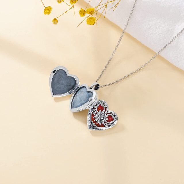 Opala de prata esterlina em forma de coração e gravura personalizada de girassol e foto personalizada e colar de medalhão com foto personalizada de coração-3