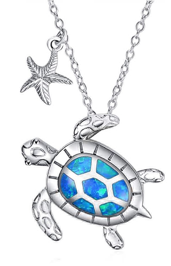 Sterling Silver Blue Opal Starfish & Sea Turtle Pendant Necklace-1