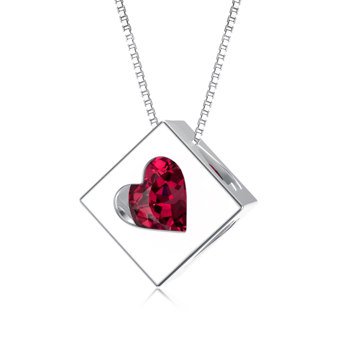 Sterling Silver Circular Shaped Cubic Zirconia Heart & Square Pendant Necklace-1