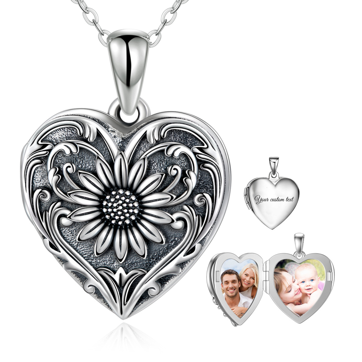 Plata de Ley Girasol Corazón Personalizado Grabado Foto Locket Collar-1