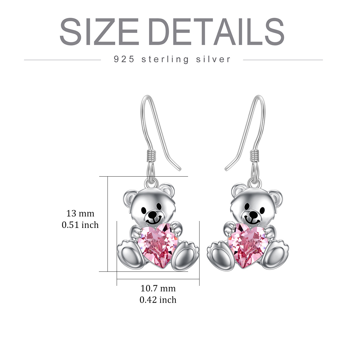 Sterling Silver Heart Shaped Crystal Bear & Heart Drop Earrings-5