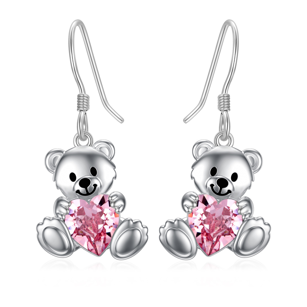 Sterling Silver Heart Shaped Crystal Bear & Heart Drop Earrings-1