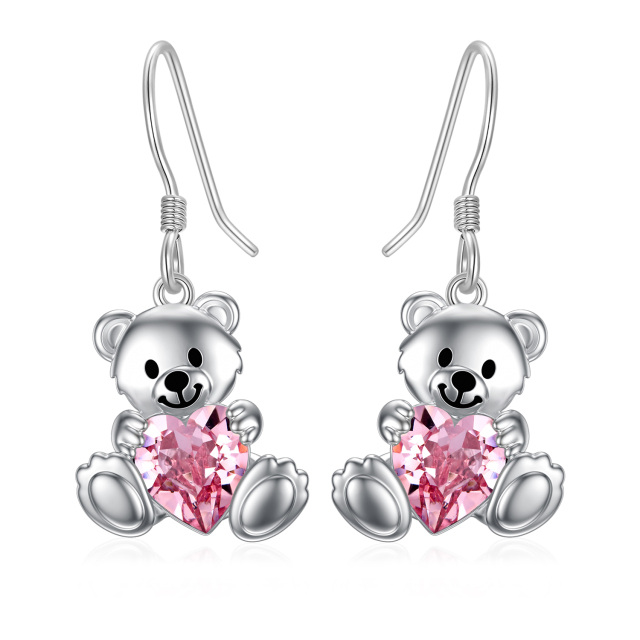 Sterling Silver Heart Shaped Crystal Bear & Heart Drop Earrings-3