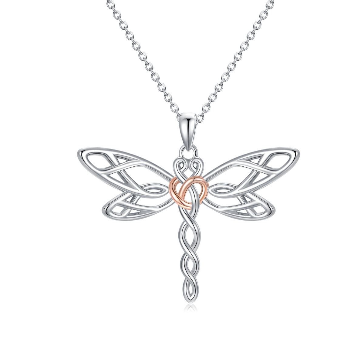 Sterling Silver Two-tone Dragonfly & Celtic Knot Pendant Necklace-1