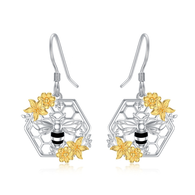 Boucles d'oreilles pendantes tournesol bicolores en argent sterling-0