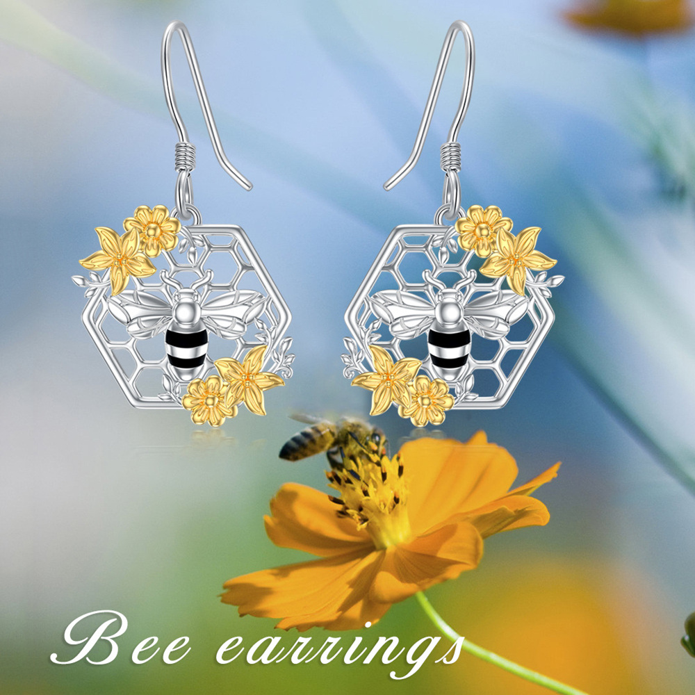 Boucles d'oreilles pendantes tournesol bicolores en argent sterling-4