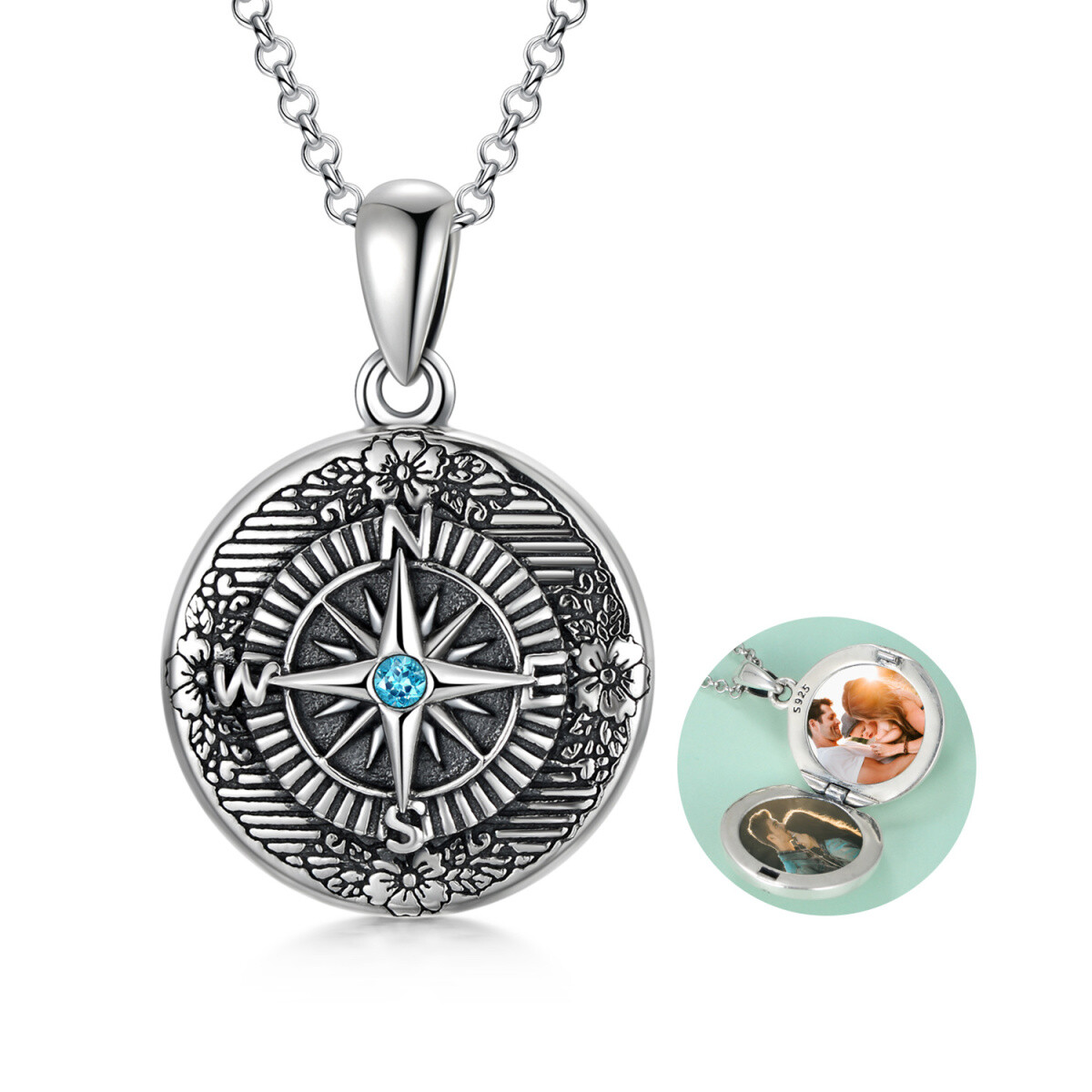 Sterling Silver Circular Shaped Crystal Compass Personalized Photo Locket Necklace-1