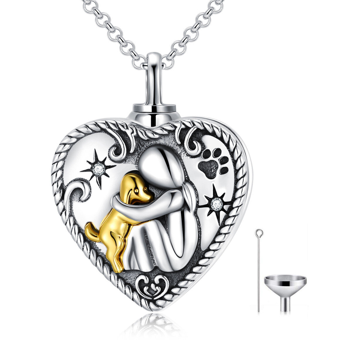 Sterling Silver Two-tone Circular Shaped Cubic Zirconia Dog & Heart Urn Necklace for Ashes with Engraved Word-1