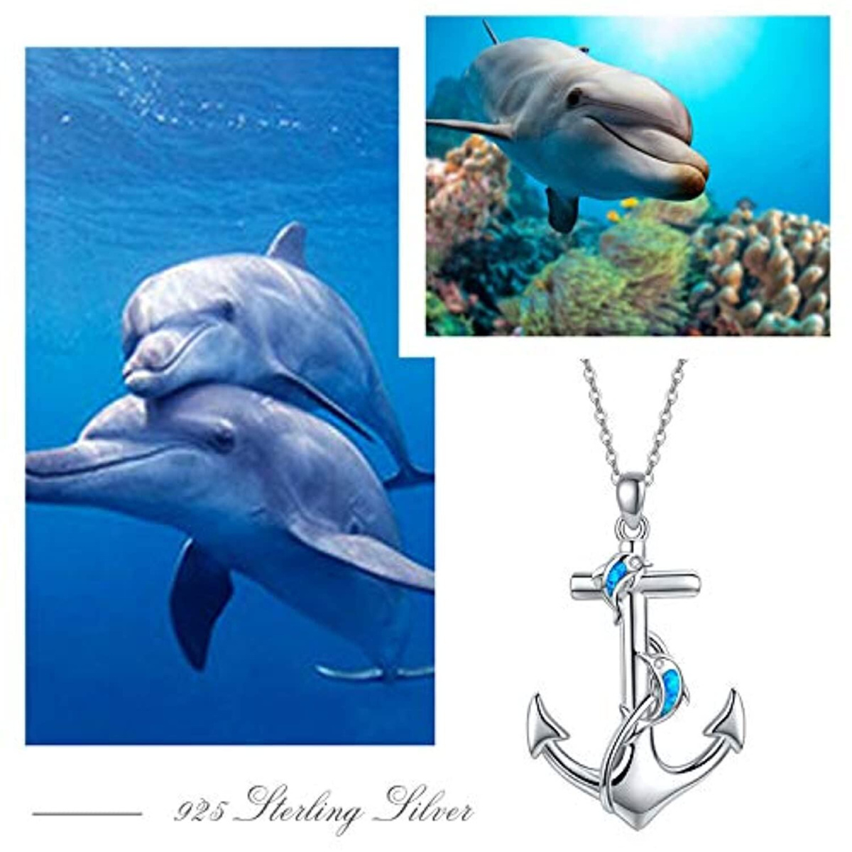 Collar de plata de ley con colgante de ópalo, delfín y ancla-5