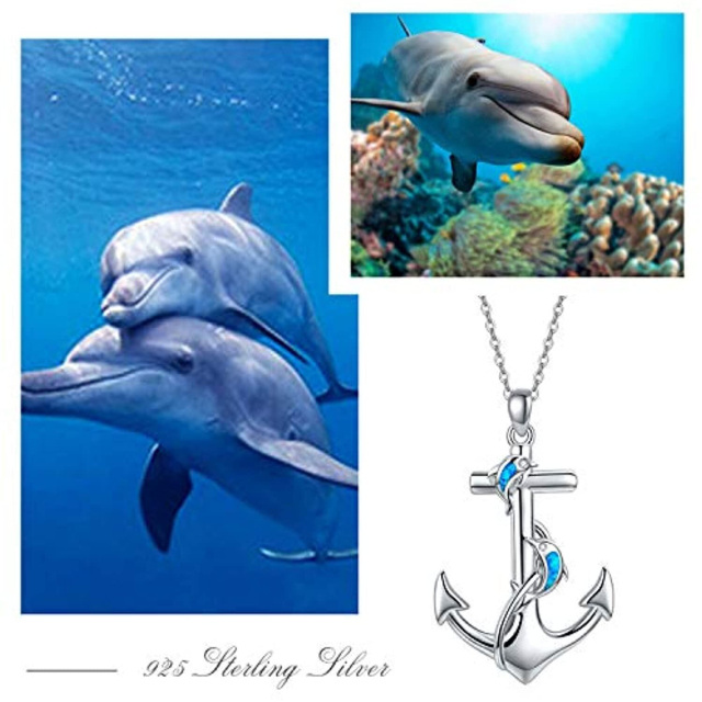 Collar de plata de ley con colgante de ópalo, delfín y ancla-4