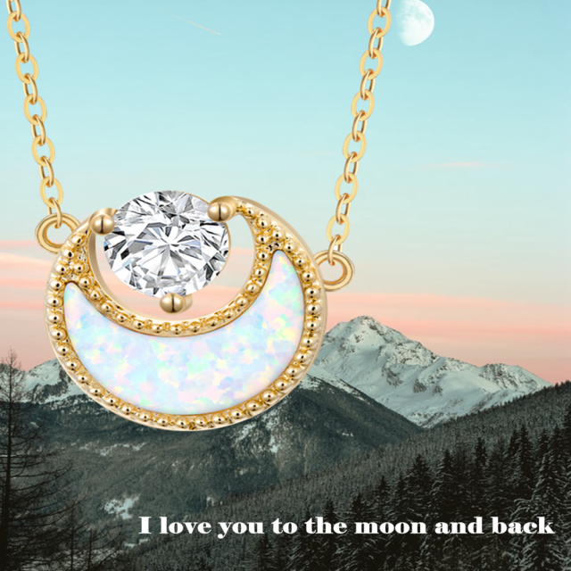 14K Gold Opal & Cubic Zirconia Moon Pendant Necklace-5