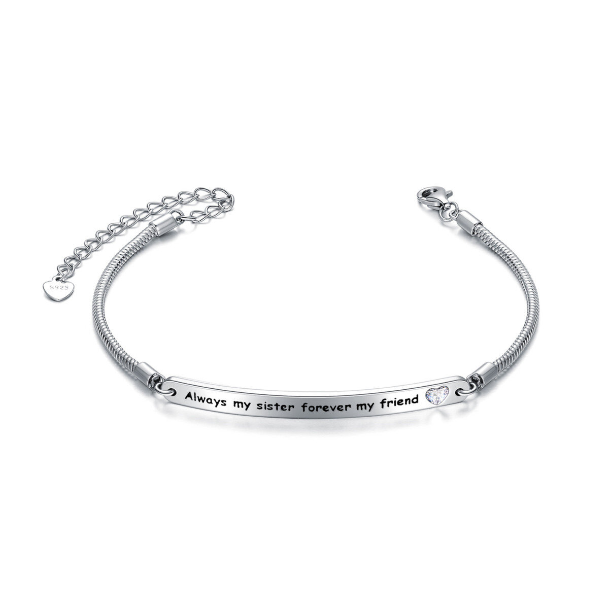 Sterling Silver Heart Shaped Crystal Sisters & Heart Identification Bracelet with Engraved Word-1