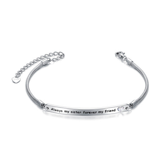 Sterling Silver Heart Shaped Crystal Sisters & Heart Identification Bracelet with Engraved Word