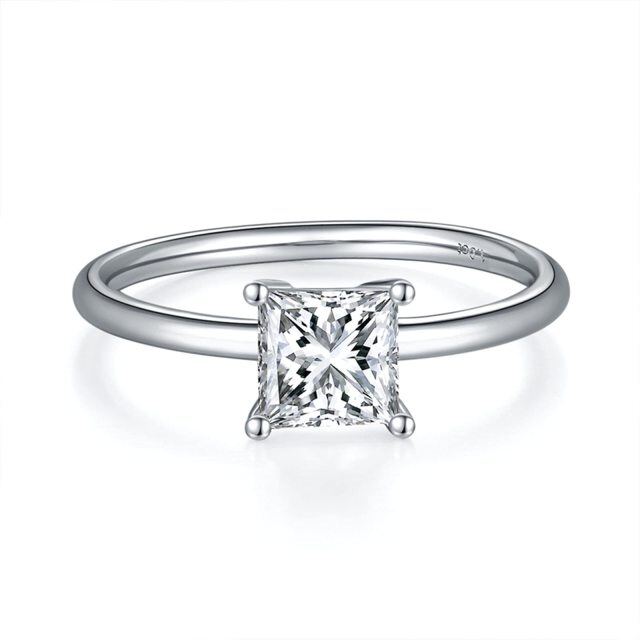 14K White Gold Princess-square Shaped Moissanite Personalized Engraving Ring-0
