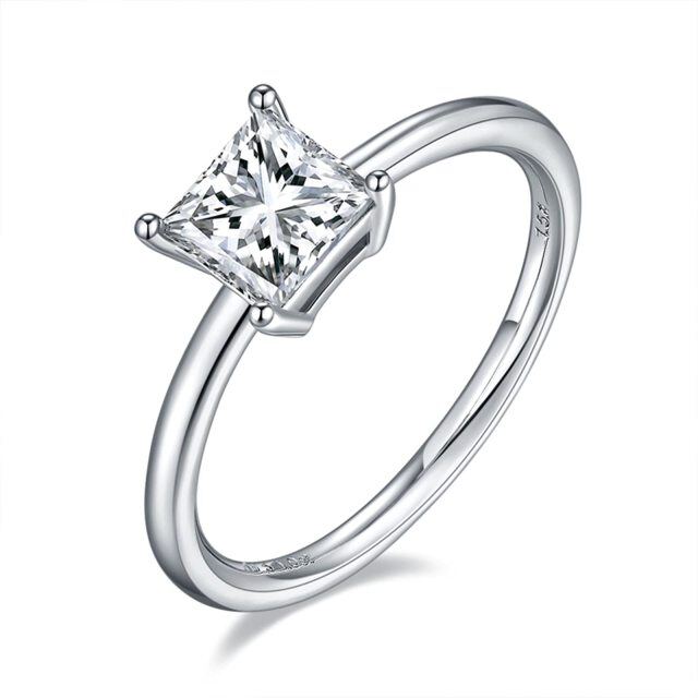 14K White Gold Princess-square Shaped Moissanite Personalized Engraving Ring-2