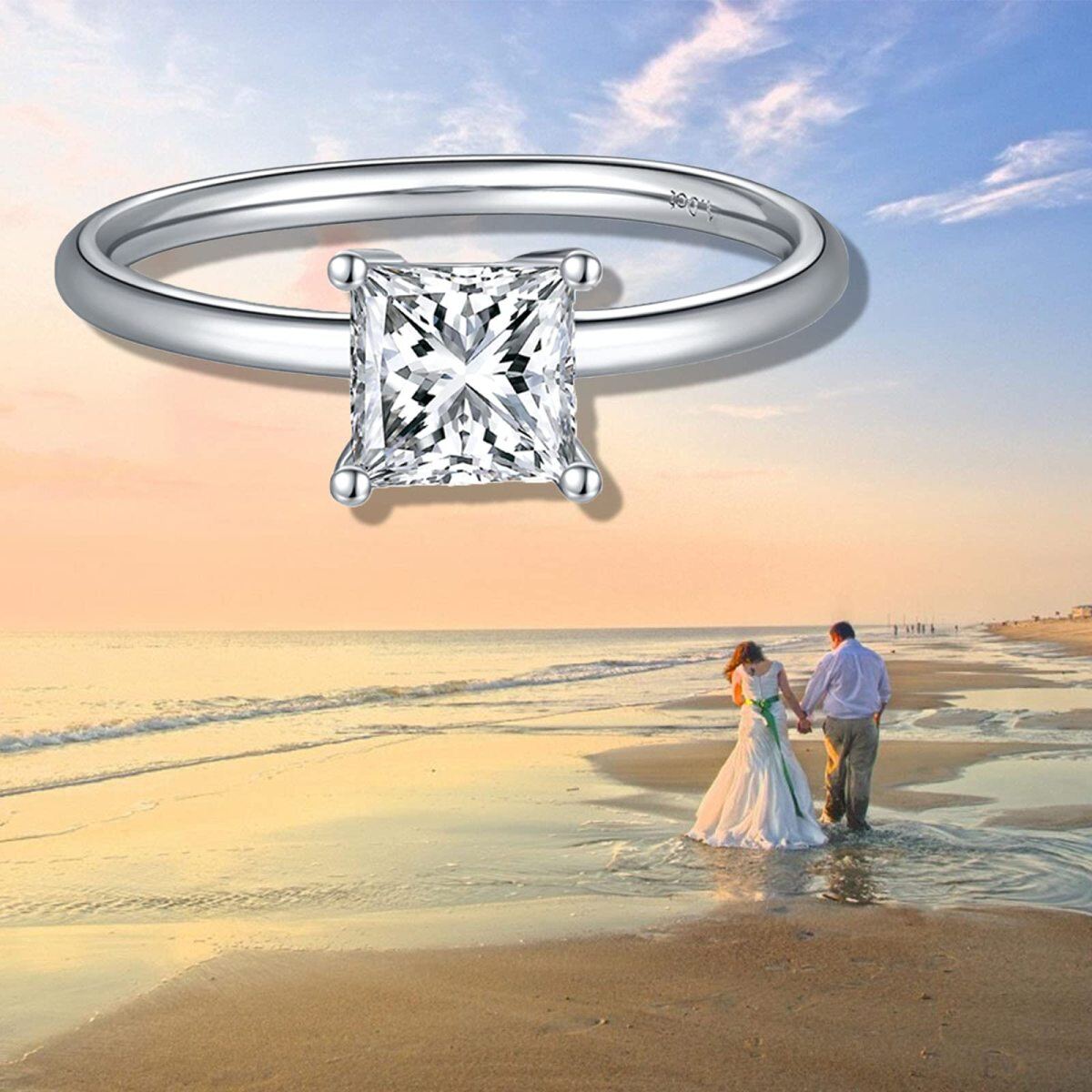14K White Gold Princess-square Shaped Moissanite Personalized Engraving Ring-4
