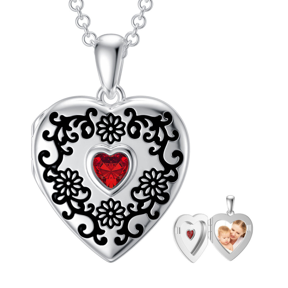 Sterling Silver Heart Zircon Heart Personalized Photo Locket Necklace-1