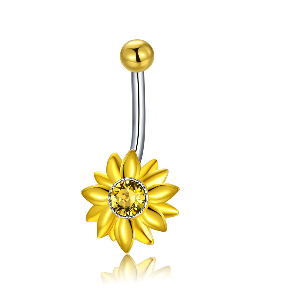 Sterling Silver Two-tone Circular Shaped Crystal Sunflower Belly Button Ring-1