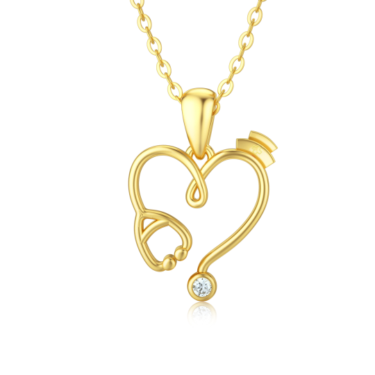 Collier pendentif coeur et stéthoscope en or 14K Moissanite