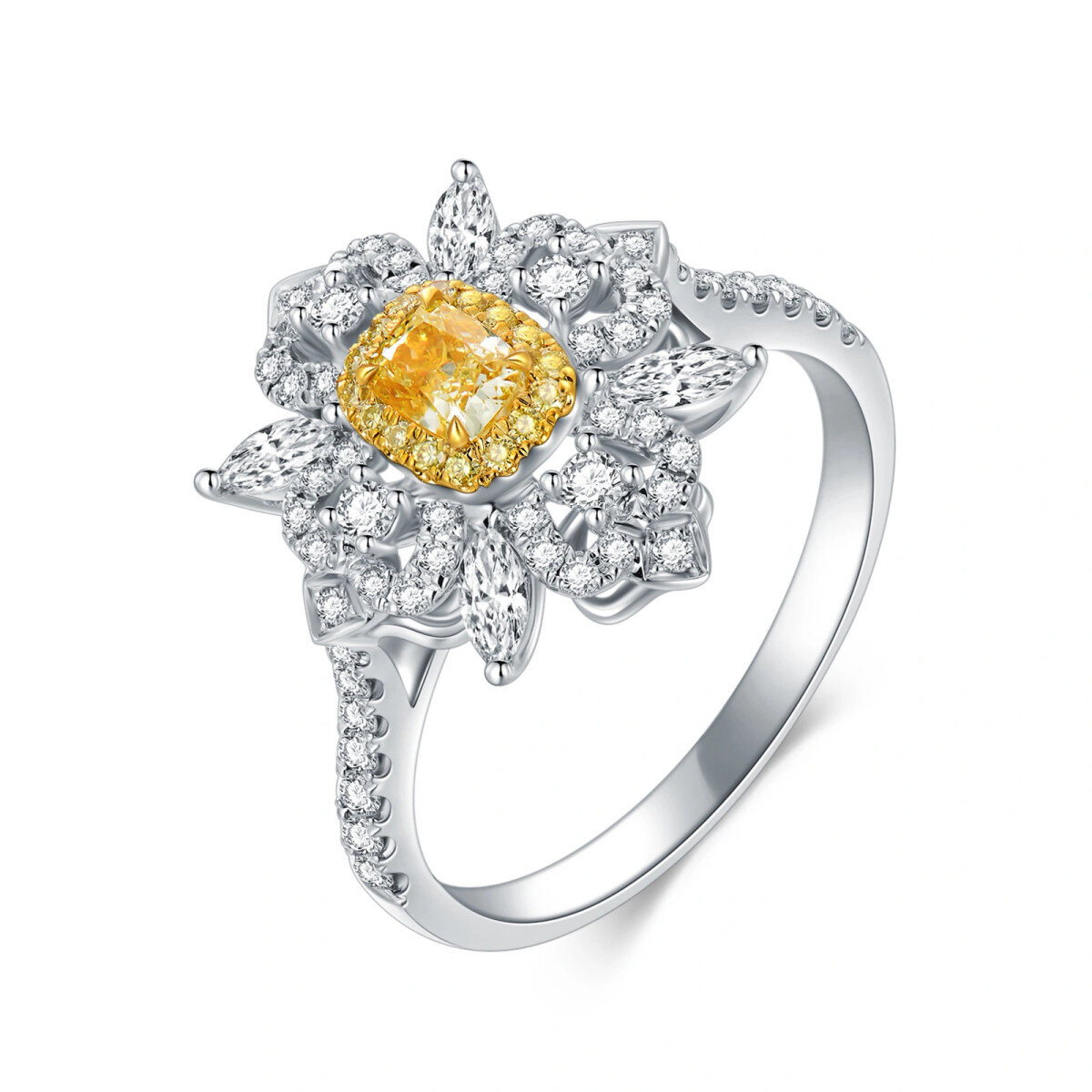 Platinum with White Gold Plated Cushion Shaped Diamond Sunflower Engagement Ring-1