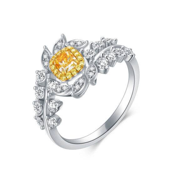 Bague de fiançailles en or blanc 18 carats en forme de princesse et de feuilles de diamant