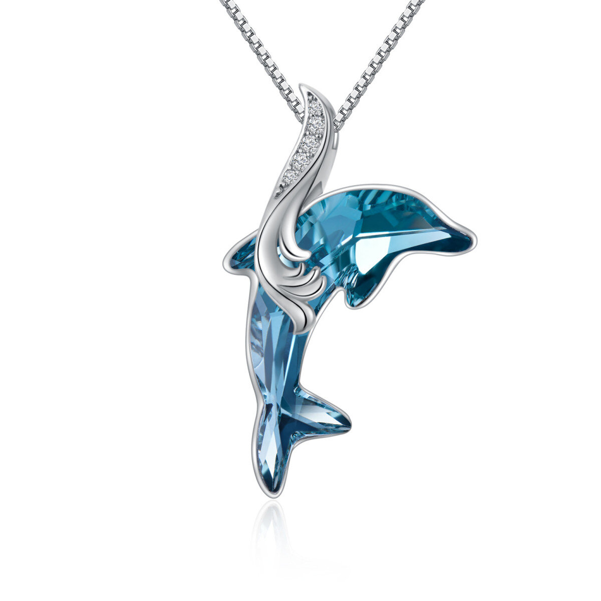 Sterling Silver Diamond Dolphin Pendant Necklace-1