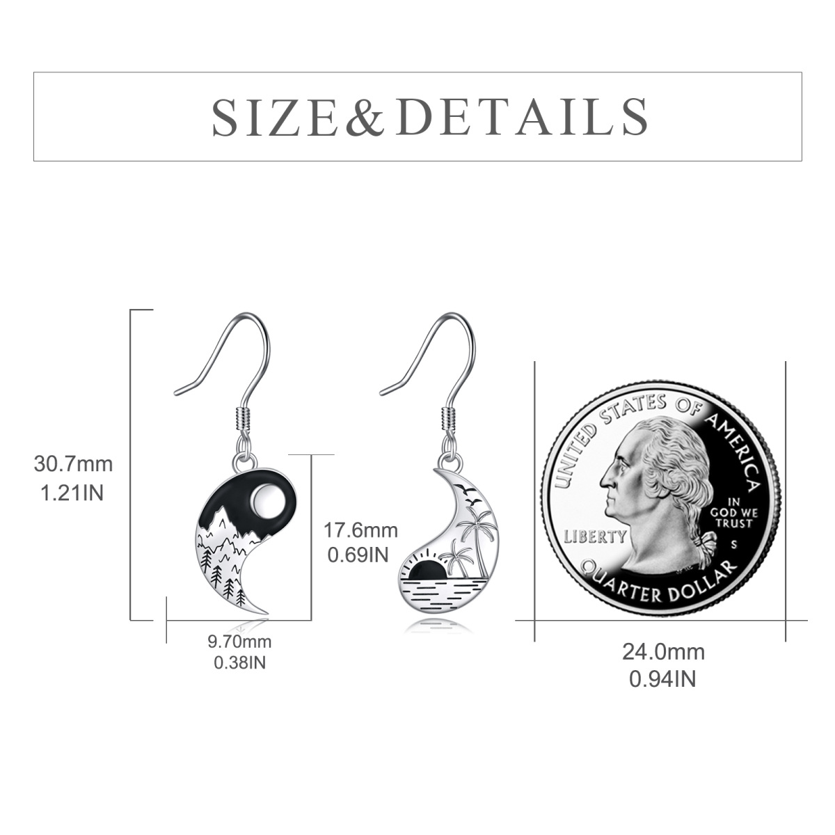 Sterling Silver Moon & Mountains & Sun & Yin Yang Drop Earrings-4