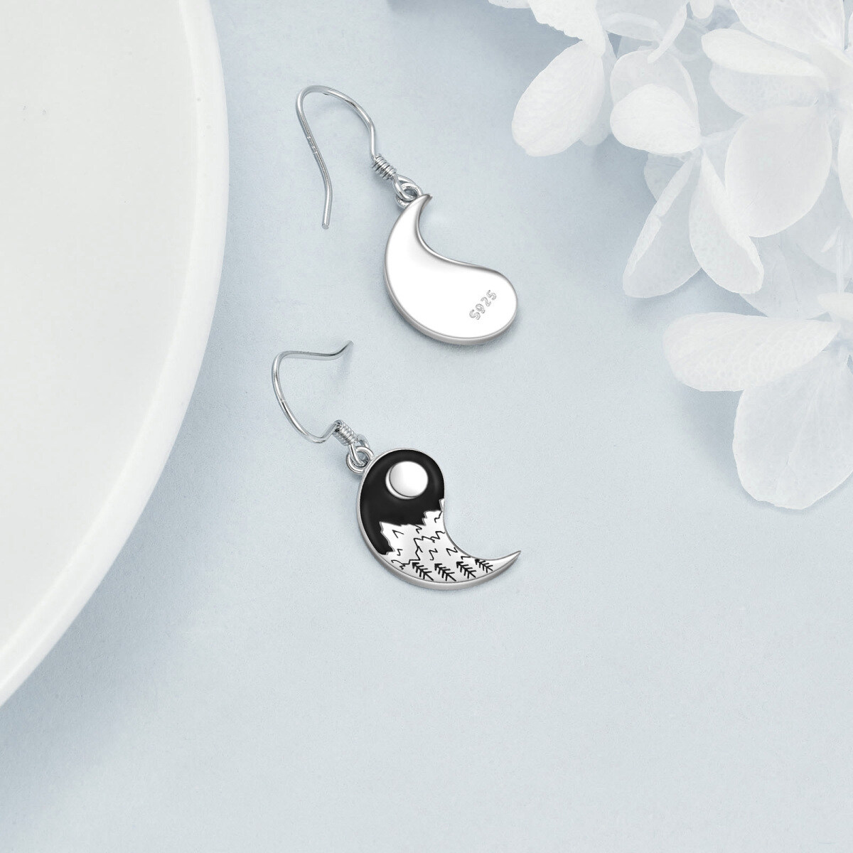 Sterling Silver Moon & Mountains & Sun & Yin Yang Drop Earrings-3