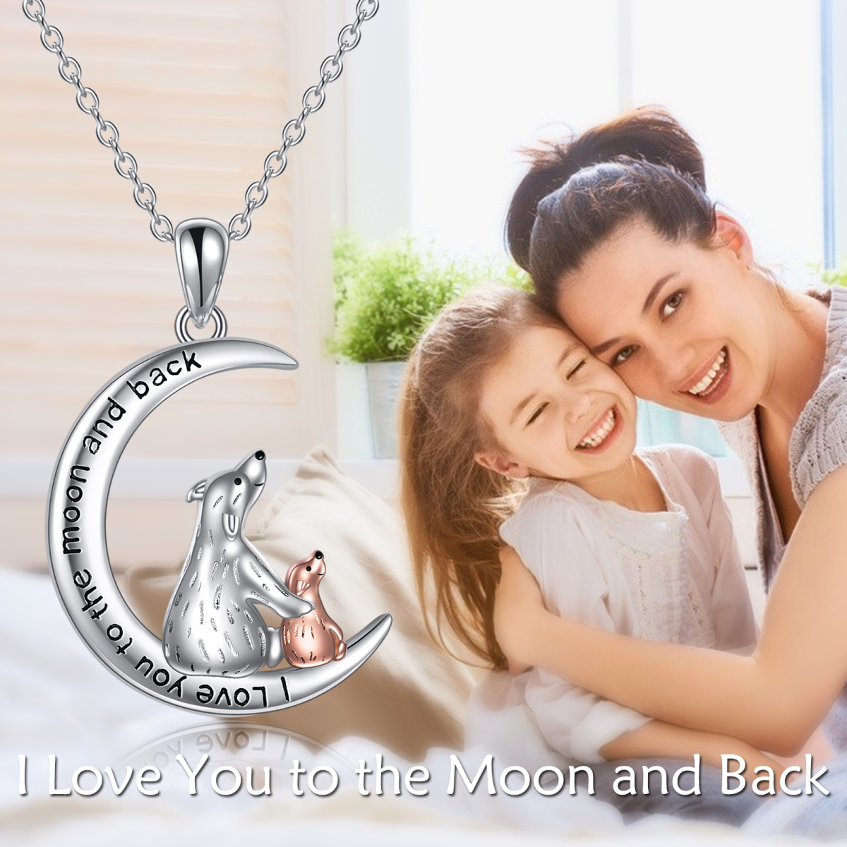 Sterling Silver Two-tone Bear & Moon Pendant Necklace with Engraved Word-6
