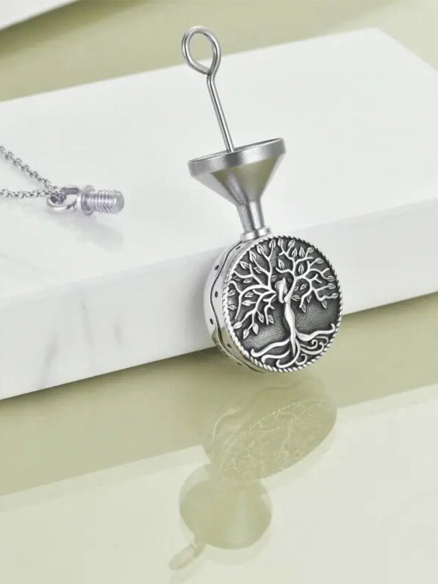 Sterling Silver Vintage Tree Of Life Urn Necklace for Ashes with Engraved Word-3