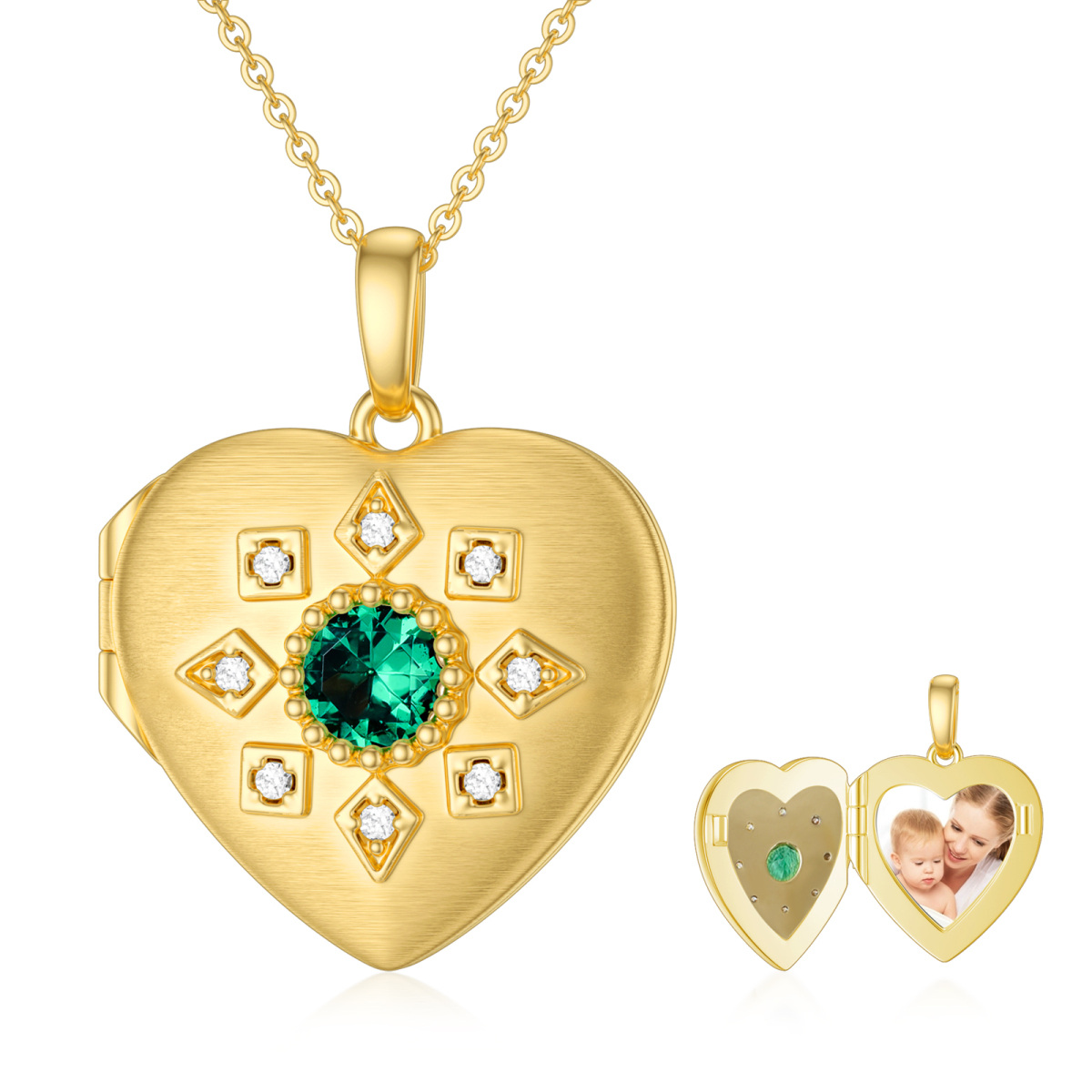 9K Gold Circular Shaped Cubic Zirconia Heart Personalized Photo Locket Necklace-1