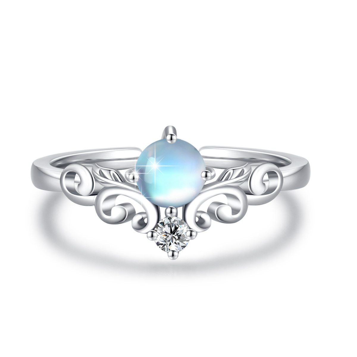 Sterling Silver Circular Shaped Moonstone Rainbow Open Ring-1