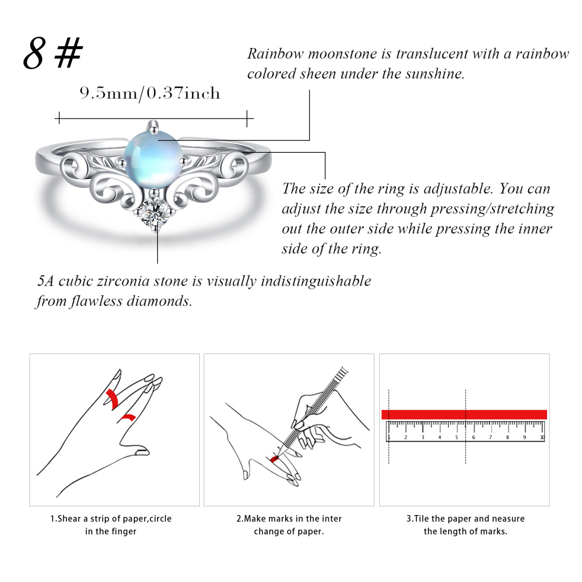 Bague ouverte en argent sterling en forme circulaire de pierre de lune arc-en-ciel-6