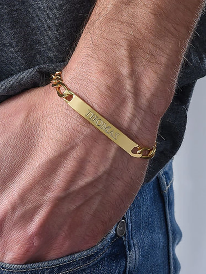 Pulsera de identificación de plata de ley con baño de oro amarillo-2