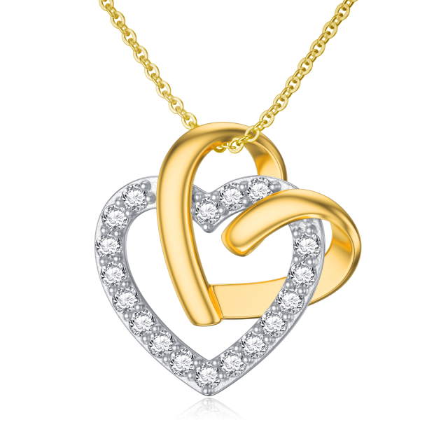 9K Gold Cubic Zirconia Heart With Heart Pendant Necklace-0