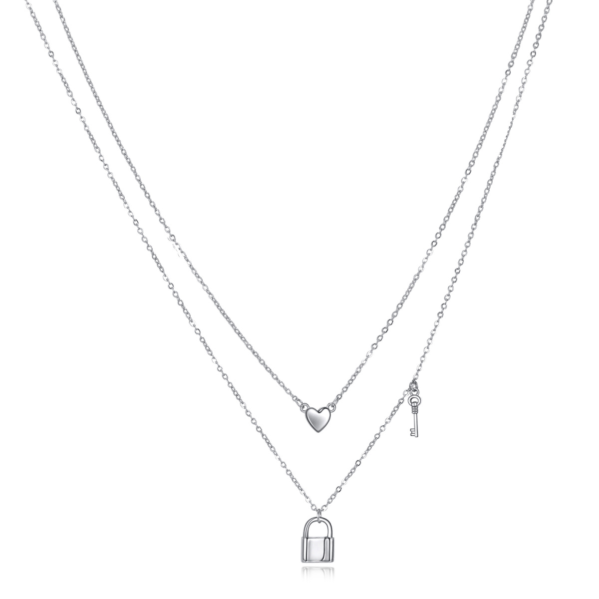 Sterling Silver Heart & Key & Lock Layered Necklace-1