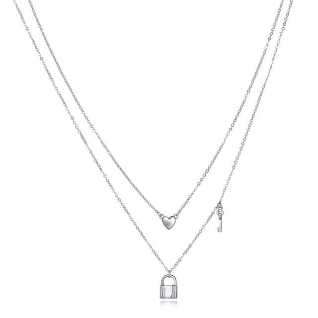 Sterling Silver Heart & Key & Lock Layered Necklace-0