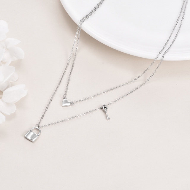 Collier en argent sterling avec cœur, clé et serrure superposés-3