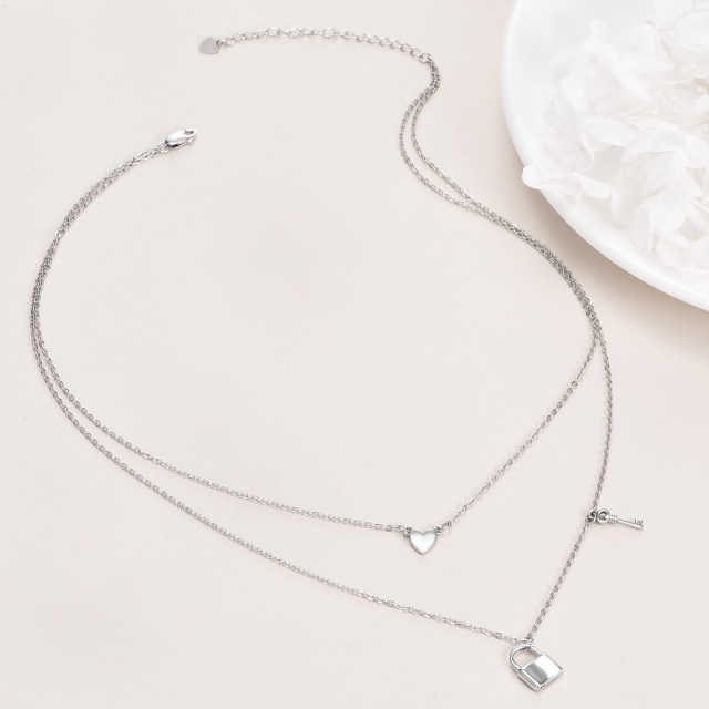 Collier en argent sterling avec cœur, clé et serrure superposés-4