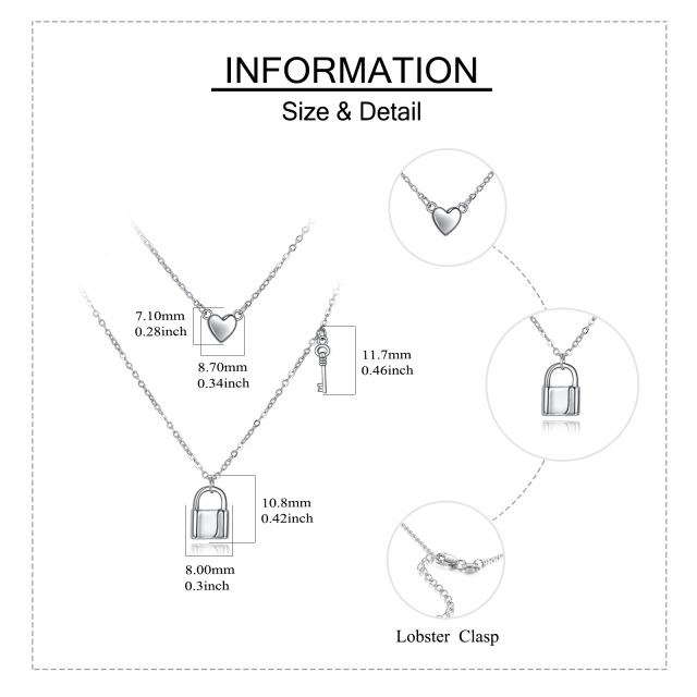 Colar de prata esterlina com coração e chave e cadeado em camadas-5