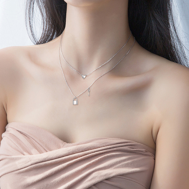 Collier en argent sterling avec cœur, clé et serrure superposés-1