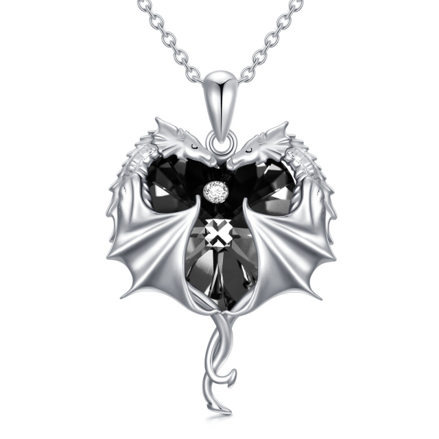 Colar de prata esterlina com pingente de dragão em forma de coração e cristal de coração-0