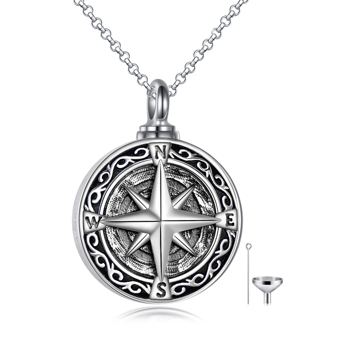 Sterling Silver Vintage Compass Urn Necklace for Ashes-1