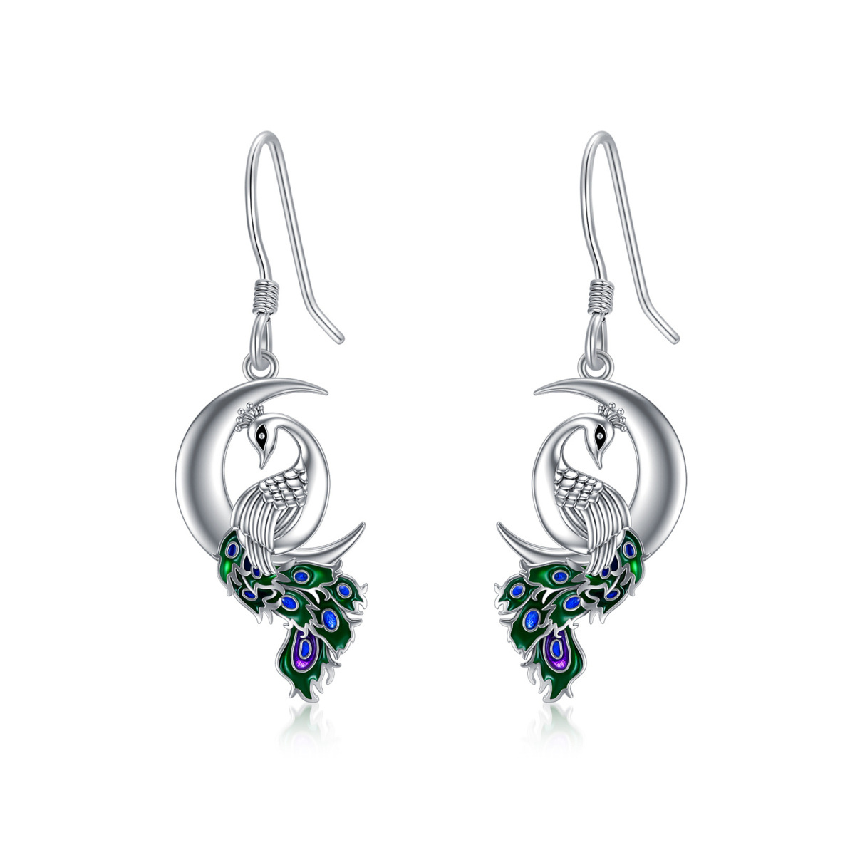 Sterling Silver Peacock & Moon Drop Earrings-1