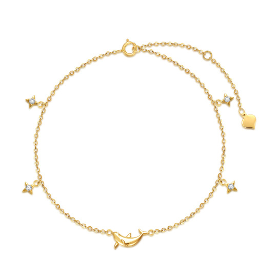 14K Solid Yellow Gold Dolphin Anklet For Women Adjustable Star Anklet With Cubic Zirconia